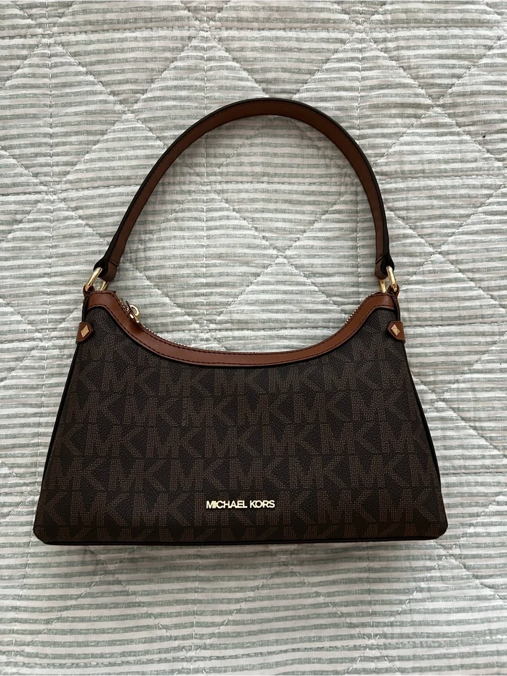Michael Kors Dark Brown Monogram Shoulder Bag with Gold Hardware